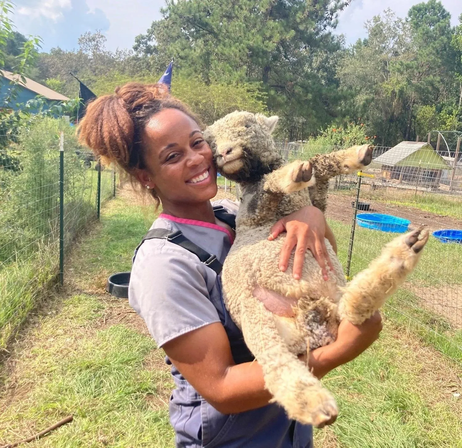 An Ark Veterinary Services vet cuddling an alpaca